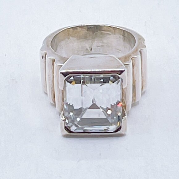 Vintage Sterling Silver Ring With Emerald Cut Clear Stone Size 6